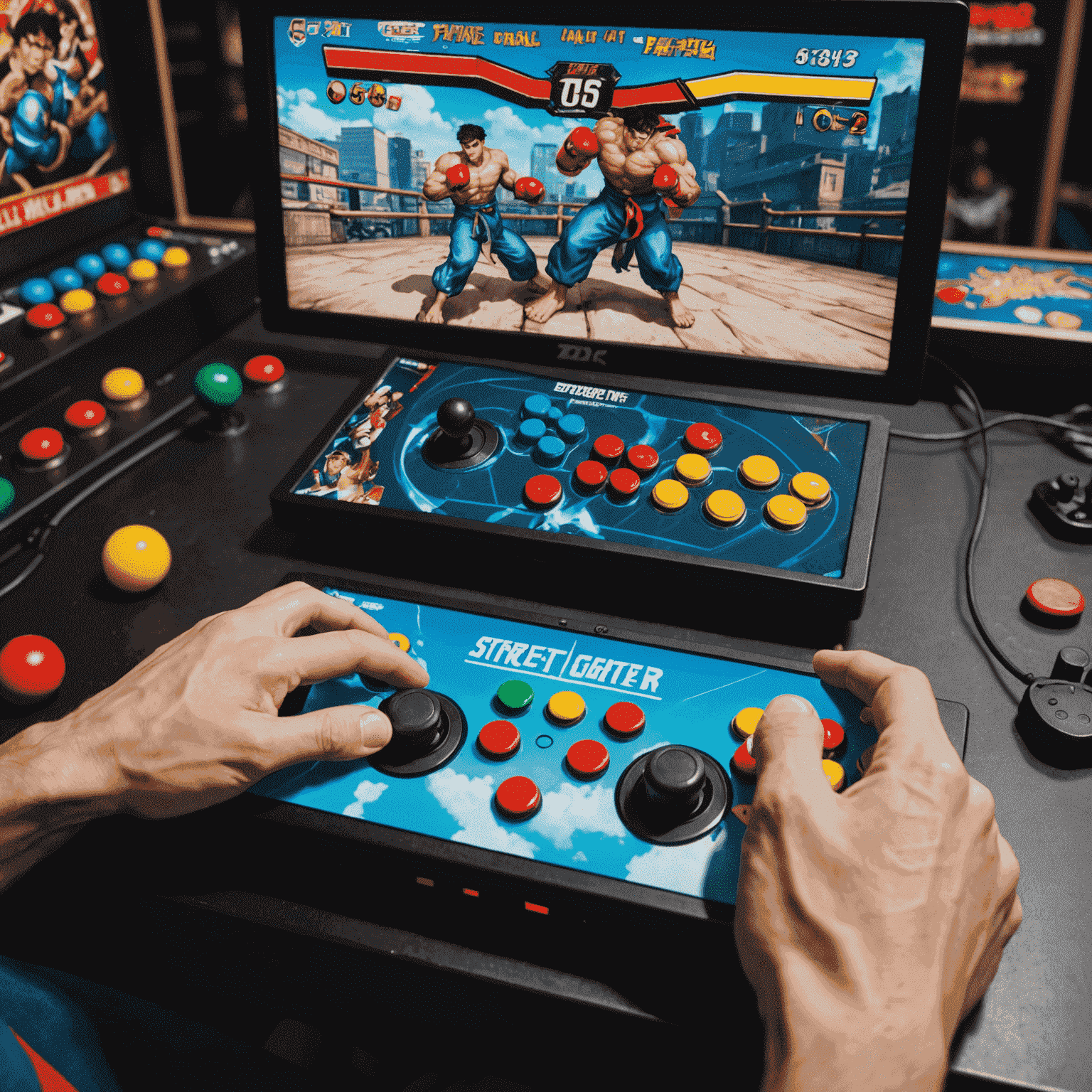 A split-screen image showing a player's hands on an arcade stick controller on one side, and a frame from a fighting game match between Street Fighter characters on the other side