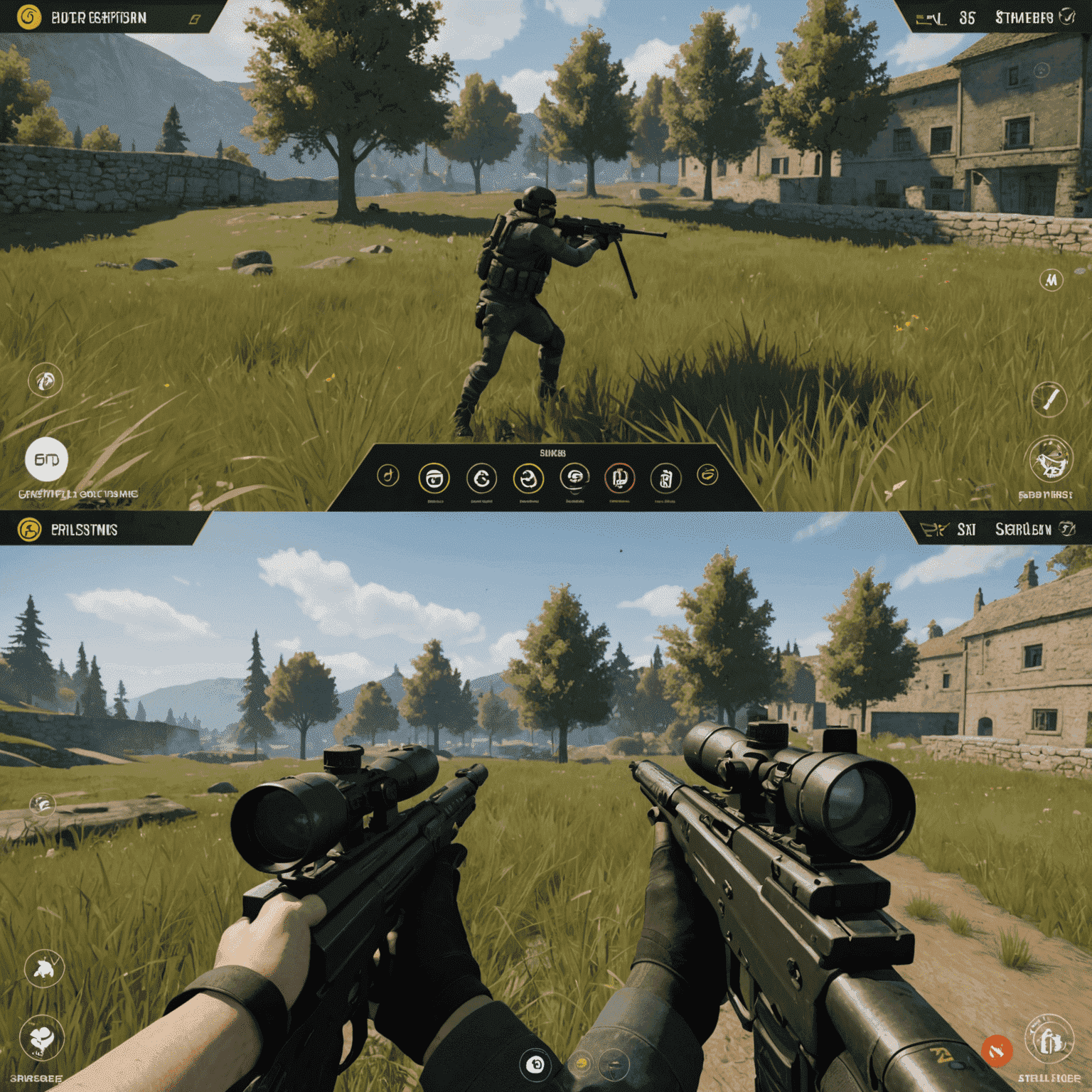 Split-screen image showing a player using an aim training tool on one side and applying those skills in an actual FPS game on the other. The image highlights the transfer of skills from practice to real gameplay scenarios.